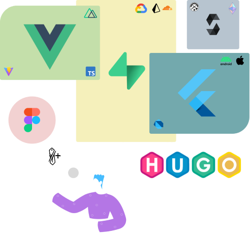 Vue, Typescript, Vite, Nuxt, Cloudflare, Supabase, Prisma, Google Cloud, Firebase, Flutter, Dart, Android, iOS, Solidity, Foundry, Ethereum, Hugo, Excalidraw, Figma